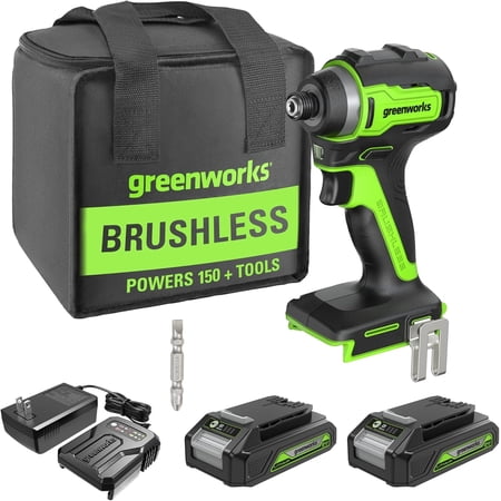 Greenworks 24V Cordless Impact Driver Kit, 1/4-inch Hex, 1950 in./lbs Torque, Variable Speed Brushless Impact Drill/Driver Set, 2 Batteries & Adapter Charger, Bits and Tool Bag Included