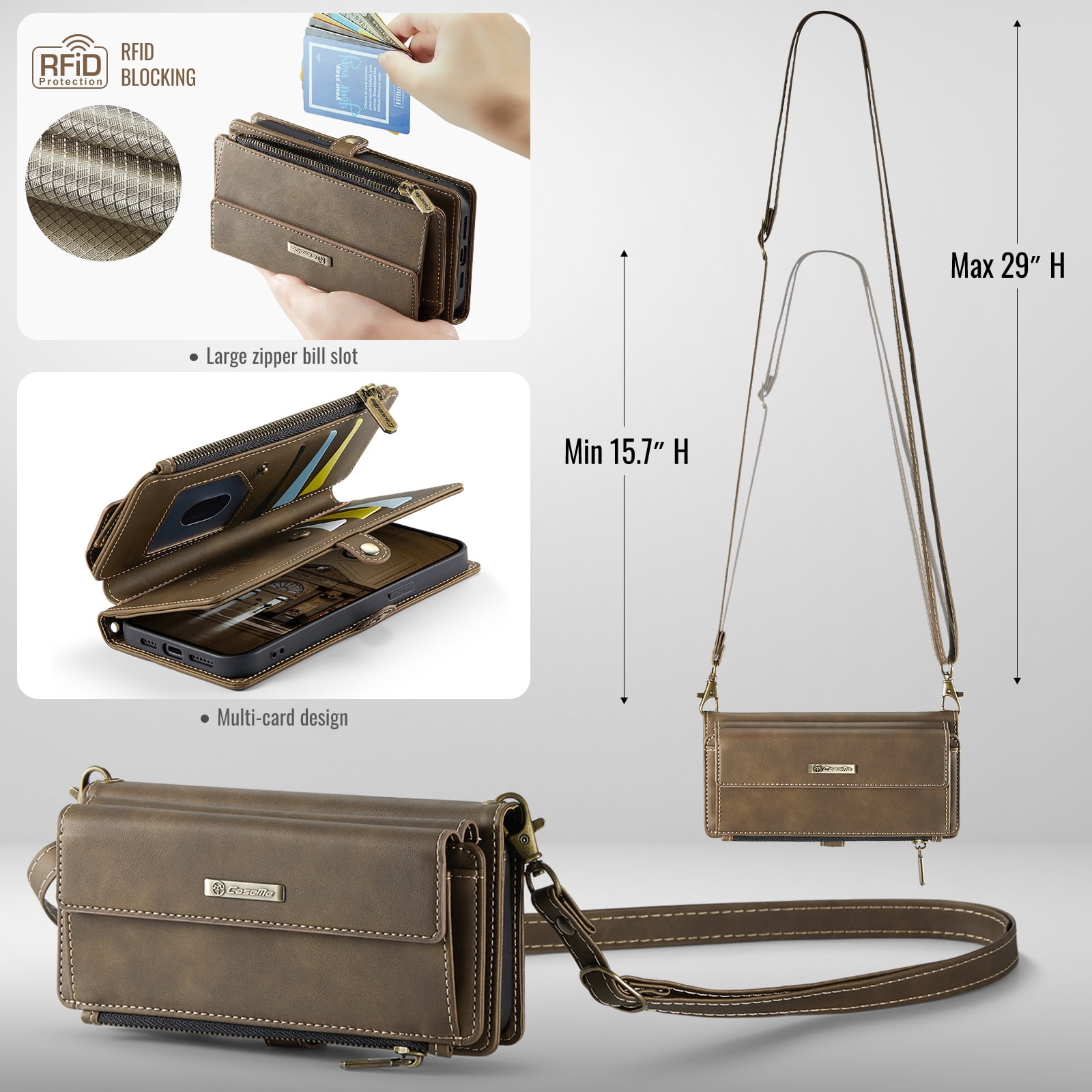 Compatible with iPhone 13 Wallet Case, Women Men RFID Blocking PU Leather Flip Cover Zipper Pocket Card Slots Phone Case for iPhone 13, Wrist Strap & Crossbody Strap, Coffee