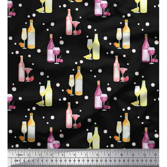 Soimoi Black Cotton Duck Fabric Bottle & Wine Glass Bar Print Fabric by the Yard 44 Inch Wide