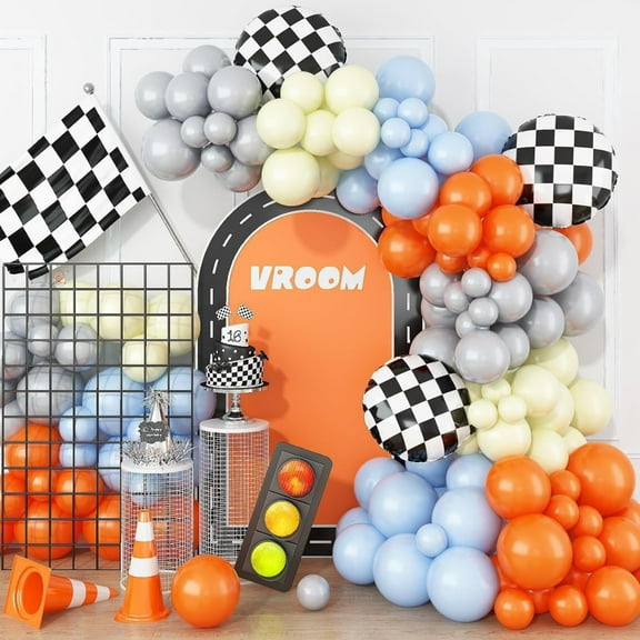 SKTMH 93 Pcs Race Car Balloon Garland Race Car Party Decorations Blue Orange Balloon Arch Checkered Balloons Blue Orange Balloons for Racing Car Party Decorations Fast One Two Fast Party Decorations