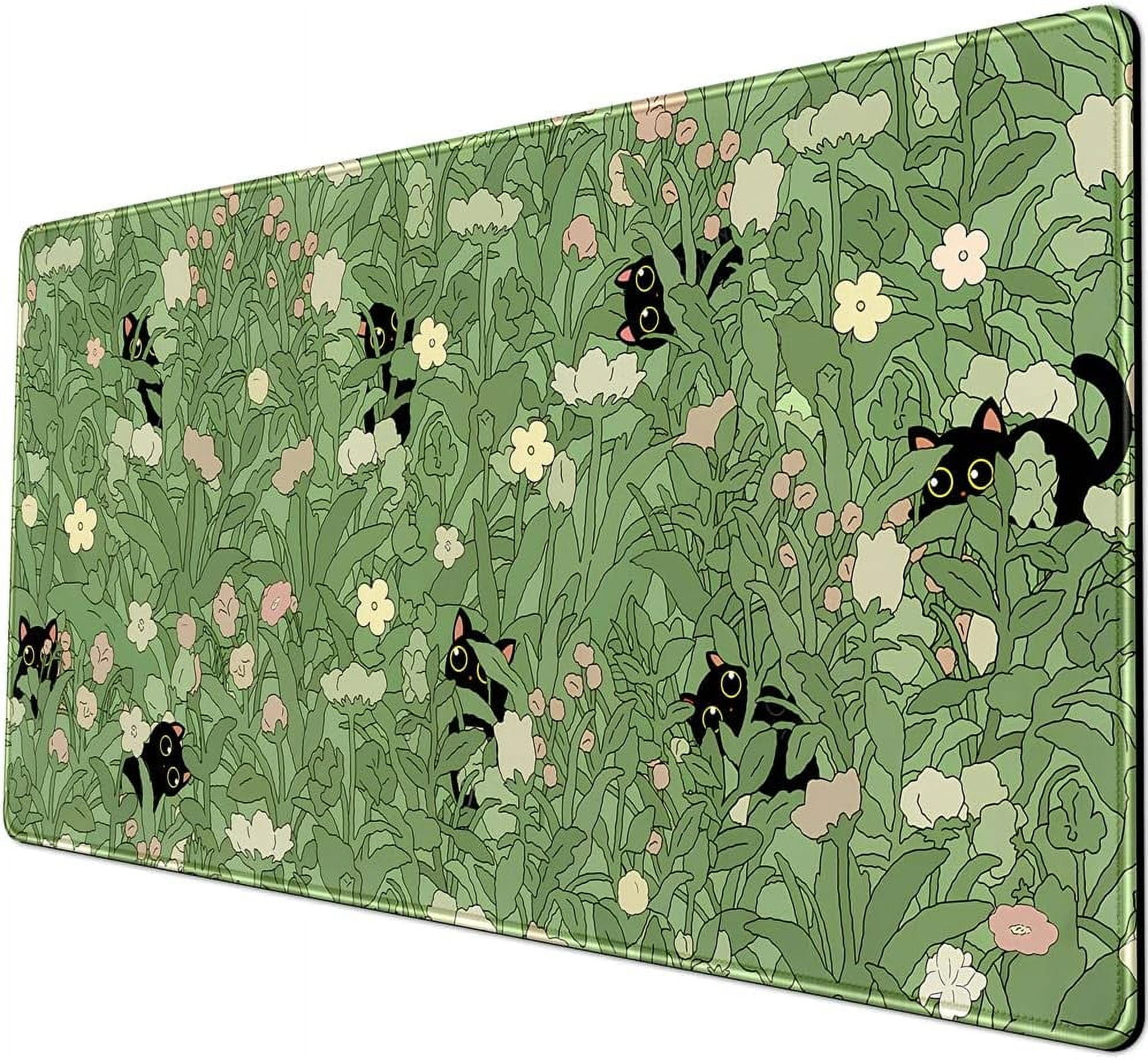 Green Desk Mat XL Cat Cute Plant Cool Desk Pad Keyboard Mat Kawaii Black Cat Flower Mouse Pad Green Desk Mat Desk Decor with Stitched Edges Non-Slip Large Computer Mat 31.5x15.7in