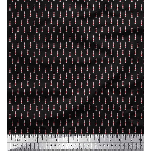 Soimoi Black Poly Georgette Fabric Lighthouse Nautical Print Sewing Fabric Yard 42 Inch Wide