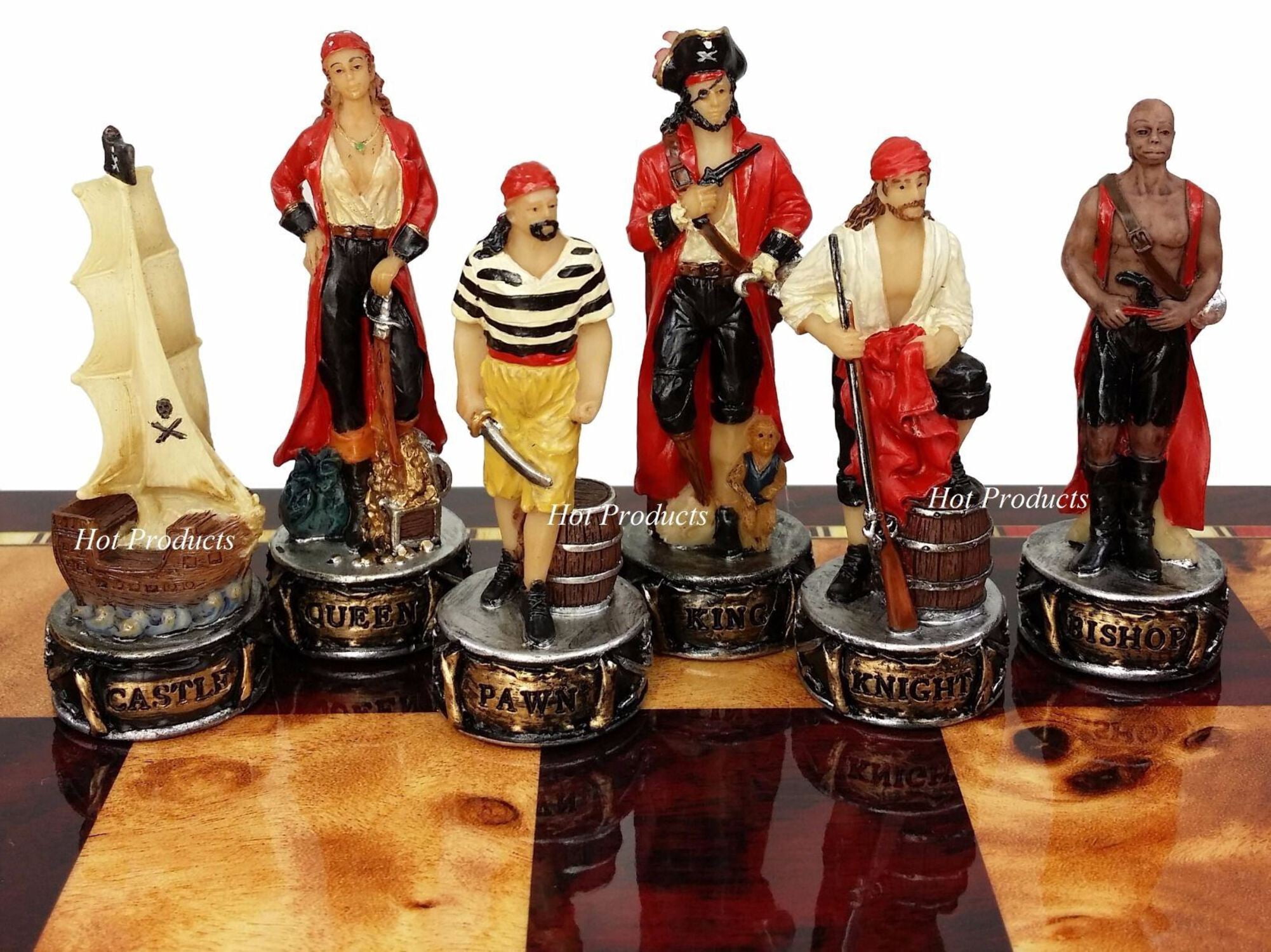 Pirates Vs Royal Navy Pirate Chess Set W 18" Cherry  Burlwood Color Board
