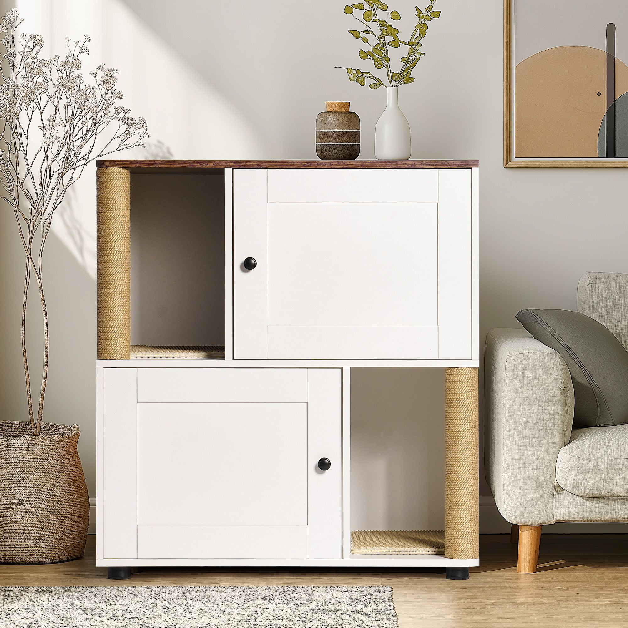 resenkos 34" Double Cat Litter Box Enclosure for 2 Cats, Hidden Litter Box Cabinet Furniture with Scratching Posts, Indoor Cat House, for Hallway, Bedroom, White