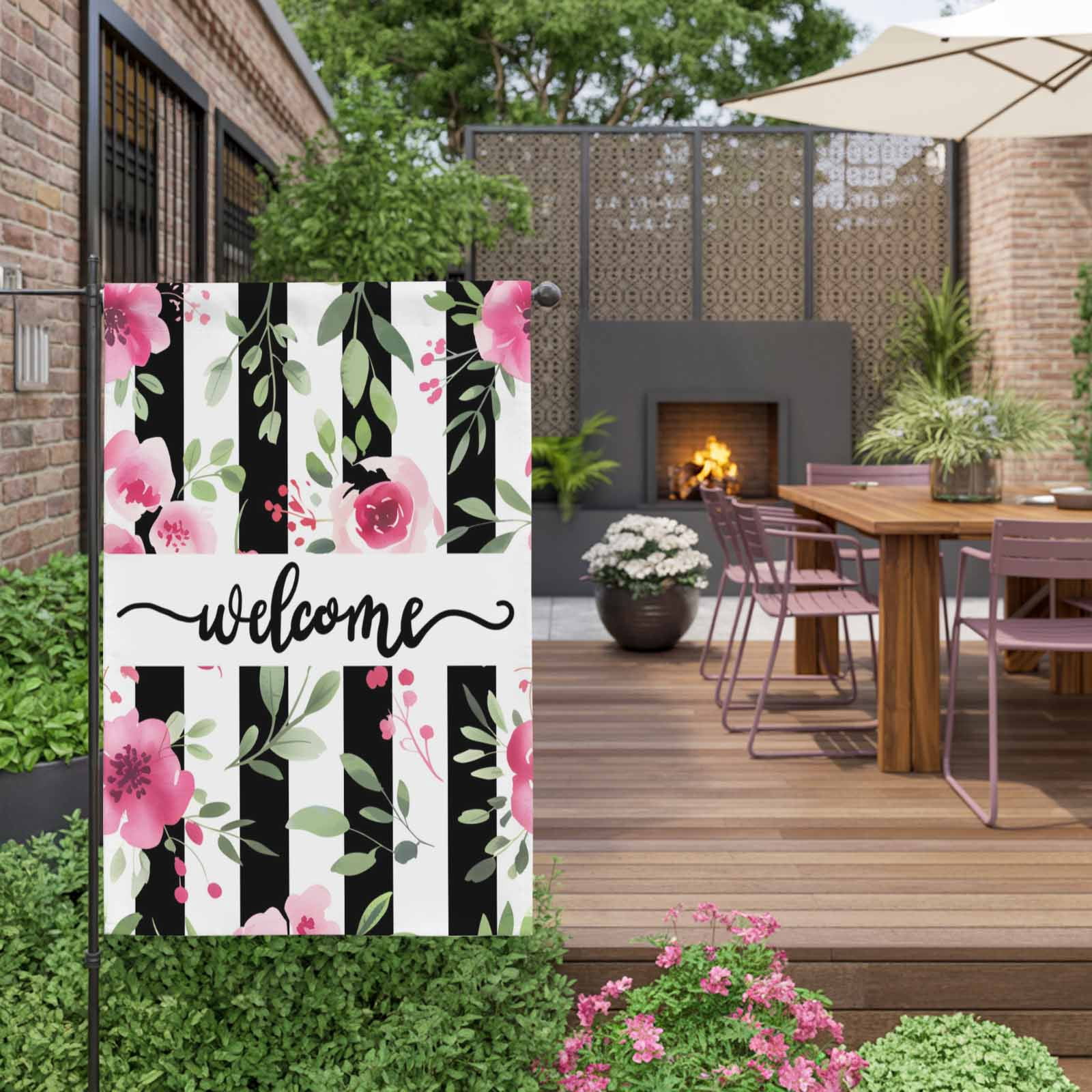 Spring Florals House Flags For Outdoor, Welcome Pink Floral Green Leaf Plack Stripes Small Double Side Yard Flags Weather Proof House Decor for Lawn Outside Holiday 28 x 40 Inches