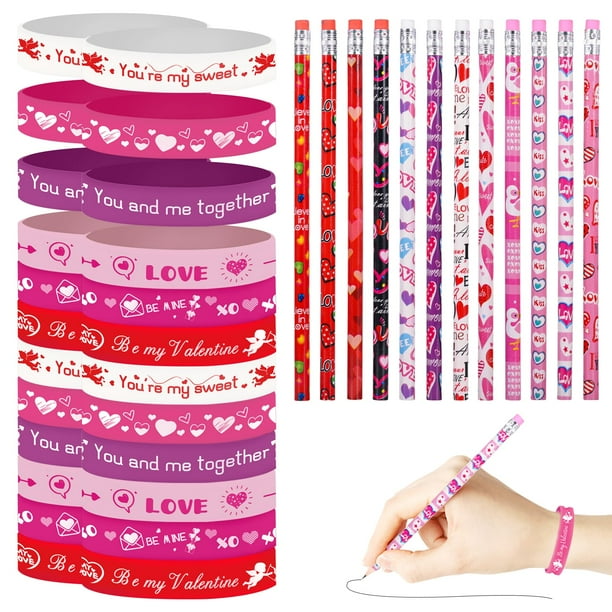 Emzrivo 48 Piezas De Regalos Para La Fiesta Del Día De San Valentín 24 Lápices De San Valentín A Granel 24 Pulseras De Silicona De San Valentín Pulseras De Goma Rellenos Para El Día De San Valentín Pr