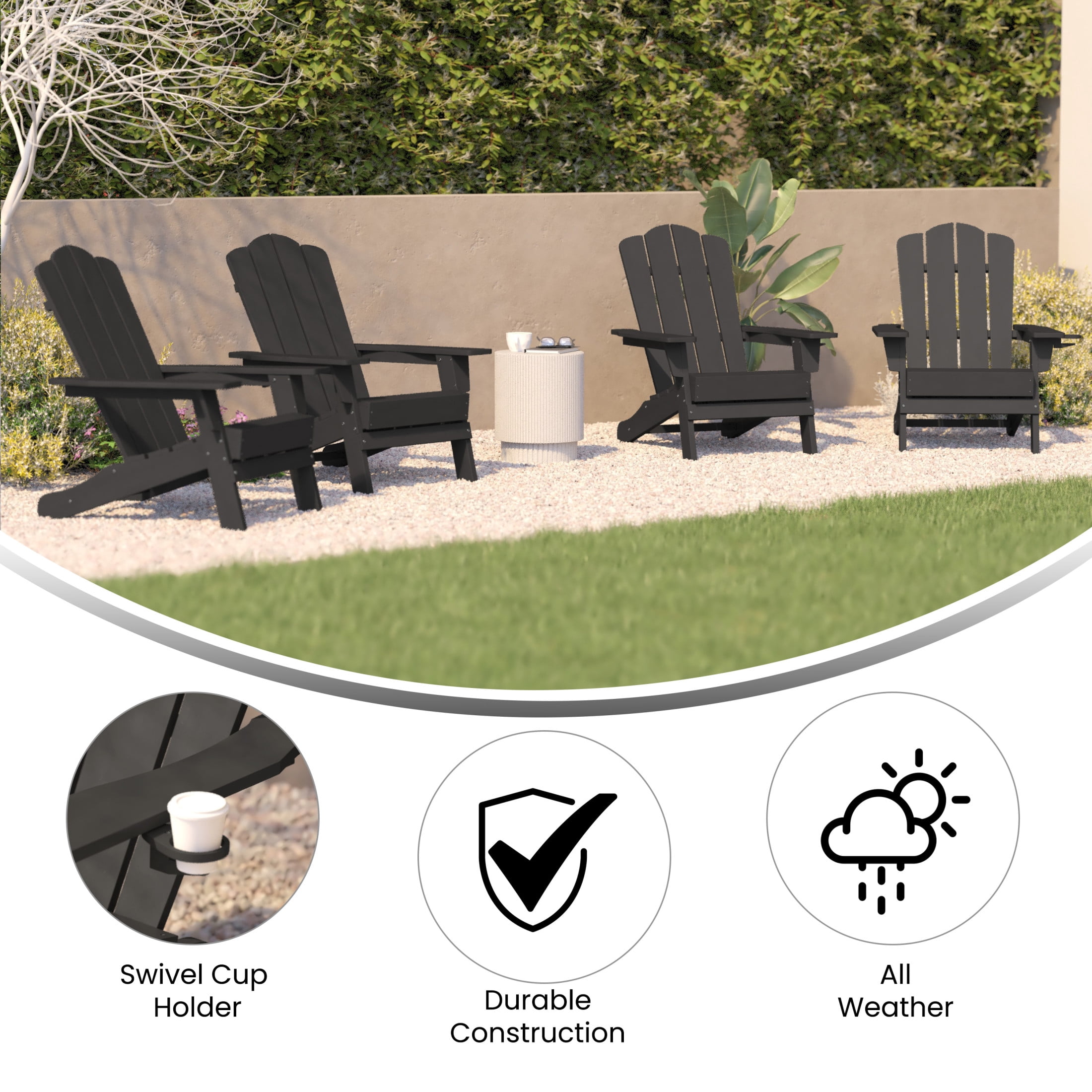 Merrick Lane Adirondack Chair with Cup Holder, Weather Resistant HDPE Adirondack Chair in Gray, Set of 4