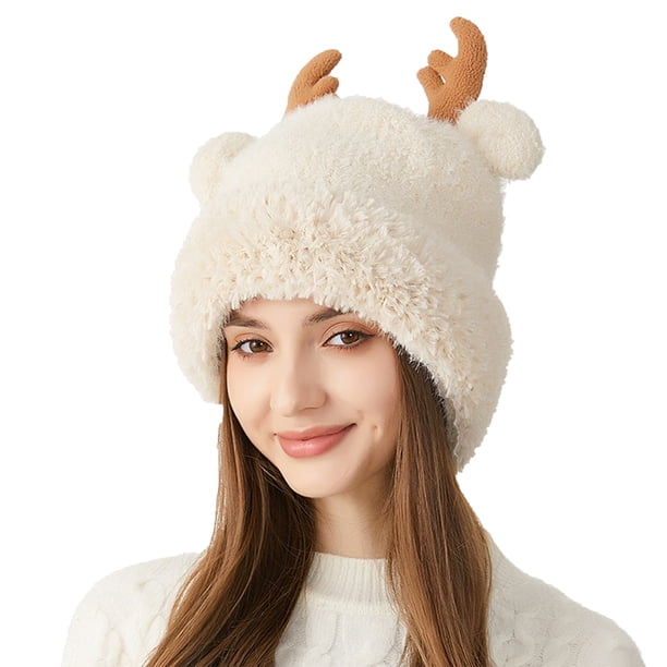 Sombreros de invierno para mujer, bonitos sombreros de punto con astas gruesas y protección para las orejas, gorros cálidos de poliéster para mujer.