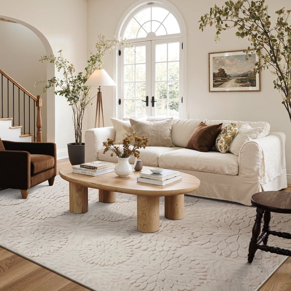 GENIMO 5' x 8' Washable Rug for Living Room, Low Pile Non-Slip Textured Floral Area Rug for Bedroom Dining Room Home Office, Beige
