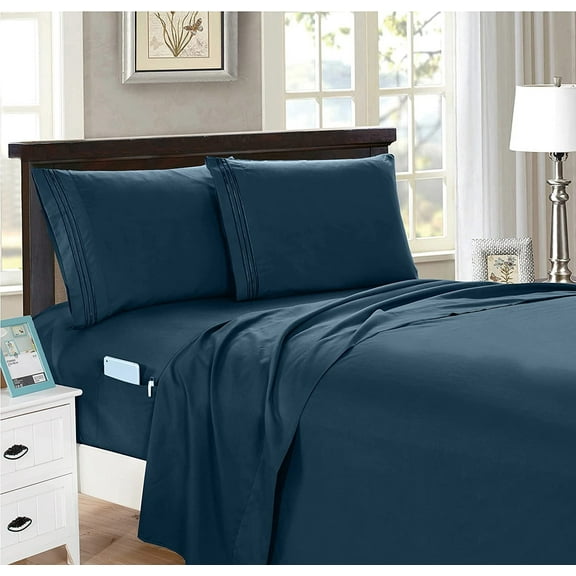 Elegant Comfort 1500 Series 4-Piece Smart Sheet Set with Side Storage Pockets, Full, Navy Blue