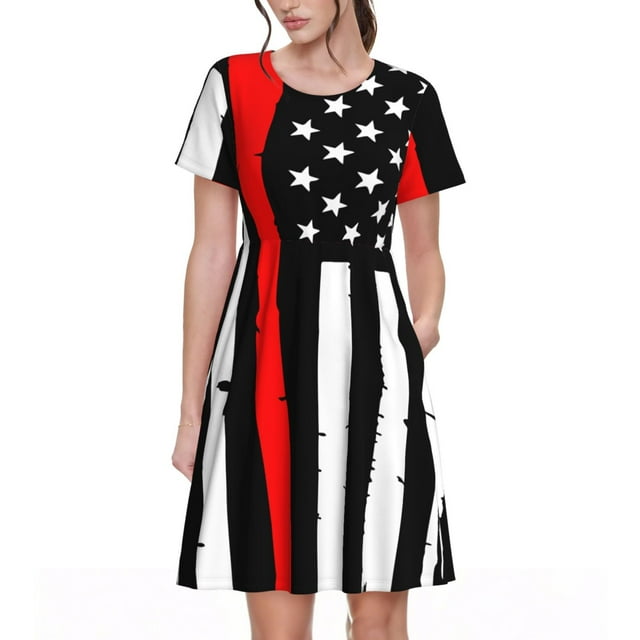Daiia Pompiers USA Imprimé Drapeau Robes pour Femmes 2025 Tendance Manches Courtes Robes Décontractées Amples Fluides Maxi Robes d'Été