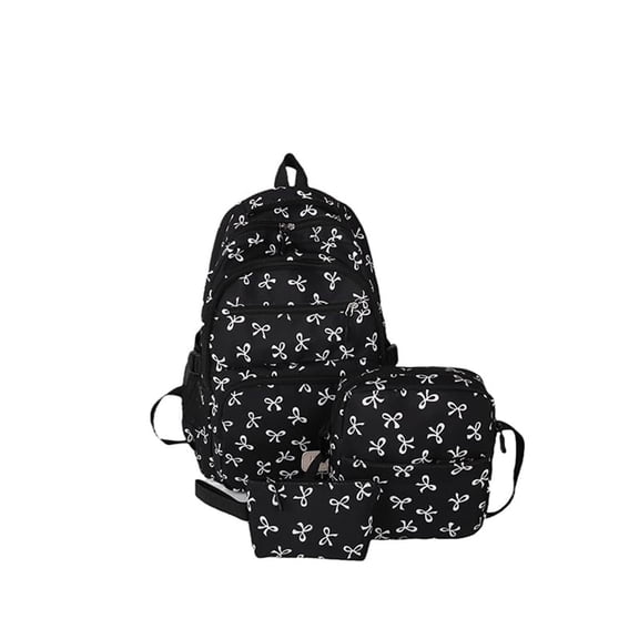 Cute Bow Print 3-in-1 Backpack Set, Lightweight Waterproof Nylon Student Bookbag, Aesthetic Daypack with Crossbody Purse & Pen Bag for Teen Women Travel Campus