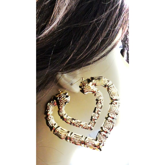 Double Bamboo Heart Hoop Earrings Gold Tone 3.5 inch