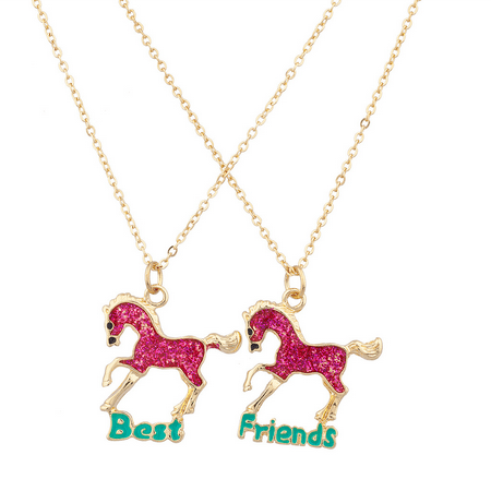 Lux Accessories Best Friends BFF Pink Horse Necklace Set ( 2 Pc