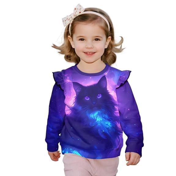 Uorisanigo Toddler Girl Oversized Purple Cat Galaxy Sweatshirt Crewneck Long Sleeve Shirts with Ruffle Shoulders, Pullover Sweaters Shirts Soft and Lightweight