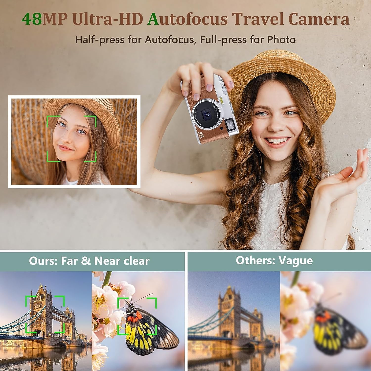 4K Digital Camera with Flash Viewfinder & Dial, 48MP Digital Camera with 32GB SD Card Autofocus Vlogging Camera for Photography and Video Anti-Shake, Compact Travel Camera 16X Zoom