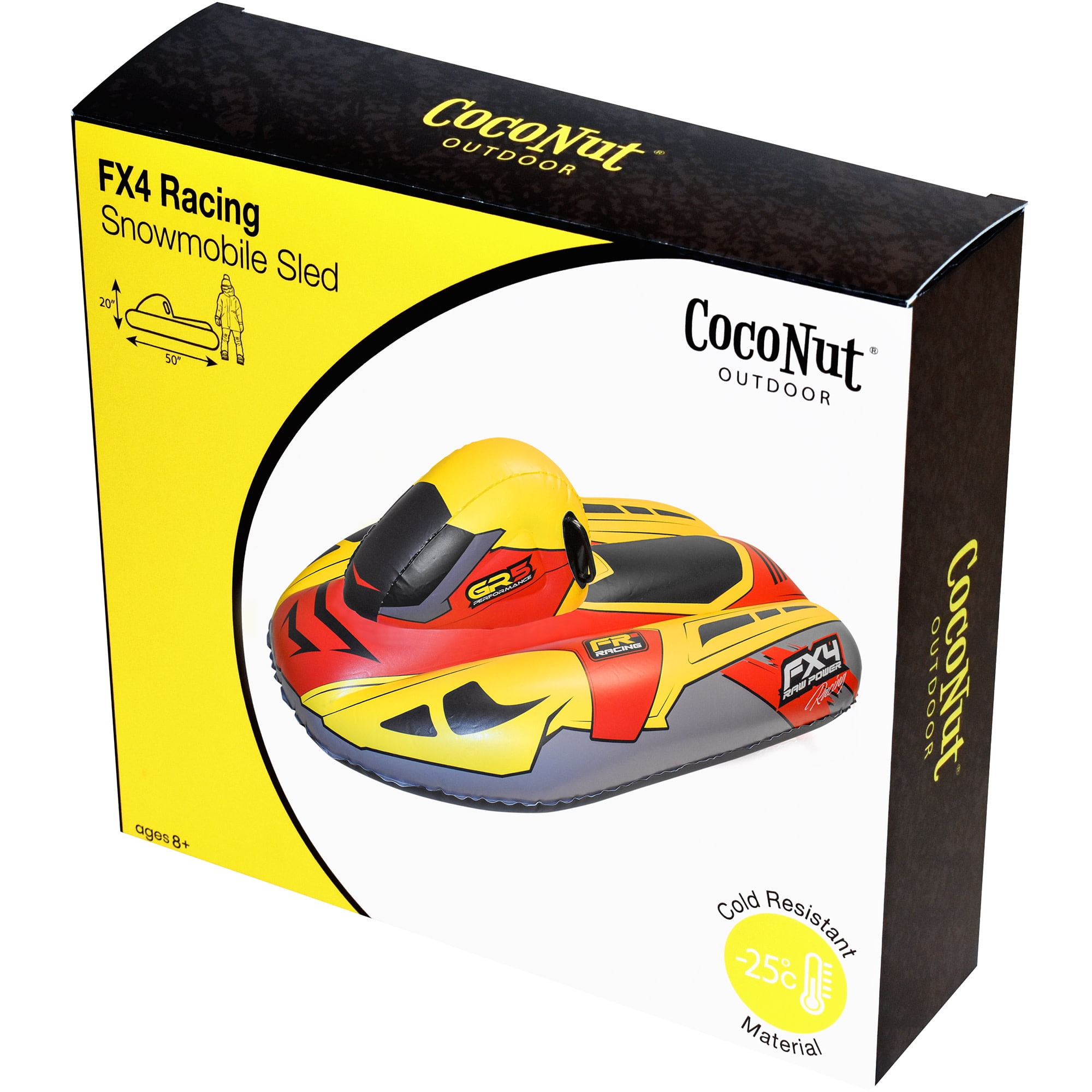 CocoNut Outdoor: FX4 Racing Snowmobile Sled - Yellow & Red, 50x20" Inflatable Toboggan, Cold Resistant PVC, Outdoor Tube, 200lb Cap, Kid-Teen-Adult 8+