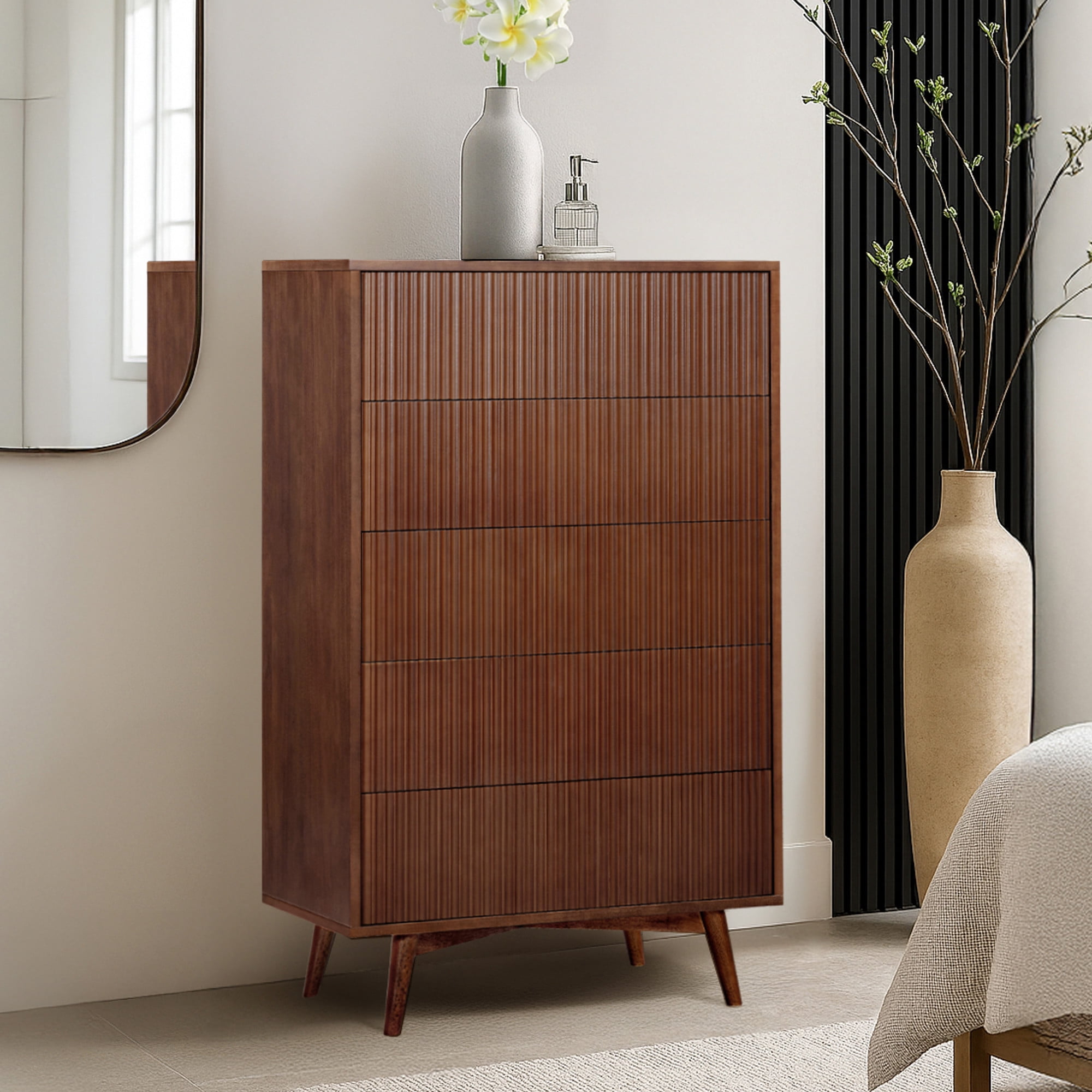 Tremolo 5-Drawer Dresser, Walnut – Teamson Home: Push-Open Chest of Drawers with Natural Acacia Fluted Fronts for Modern Bedrooms & Closet Storage