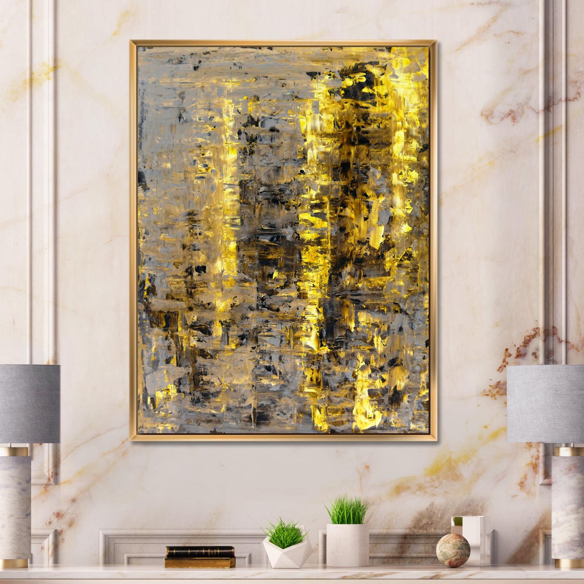 Designart 'Grey Meets Yellow Abstract Art II' Modern Framed Canvas Wall Art Print