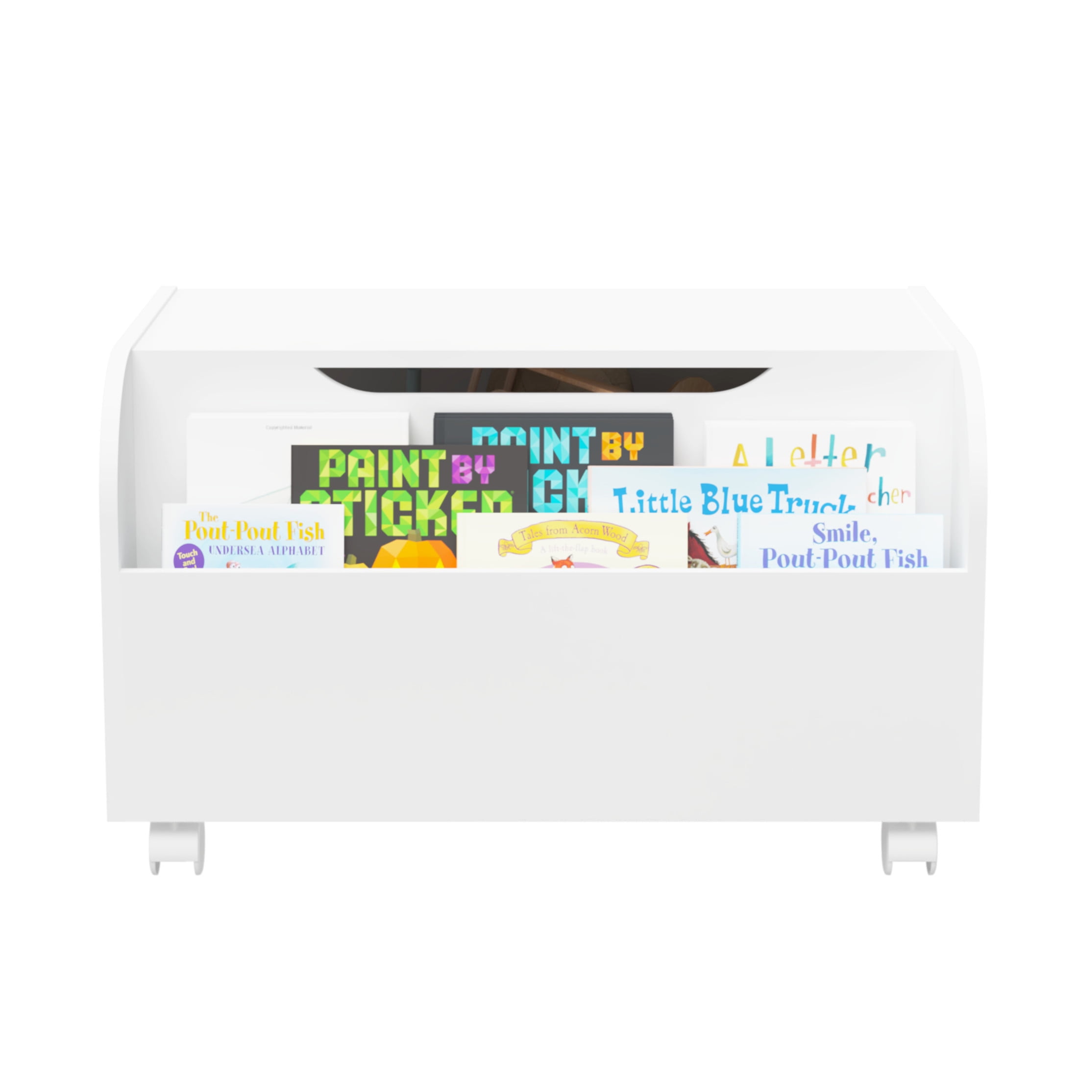 Noble House Rhoda Kids Wooden Toy Box with Wheels and Front Bookshelf, Flip-Top Storage Bench Chest, White