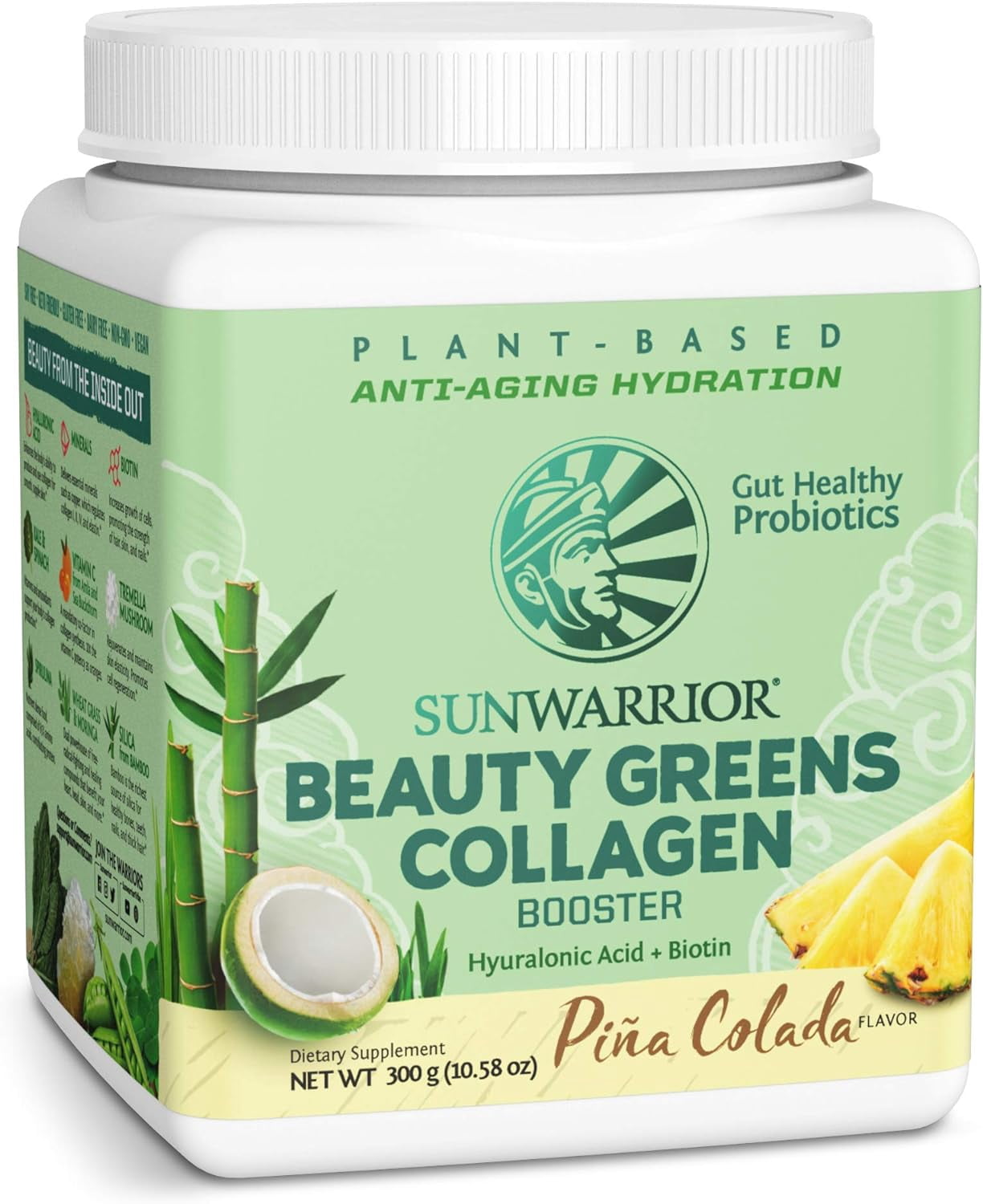 Sunwarrior Beauty Greens Collagen | Pina Colada Collagen Boost Powder with Hyaluronic Acid and Biotin, 300g