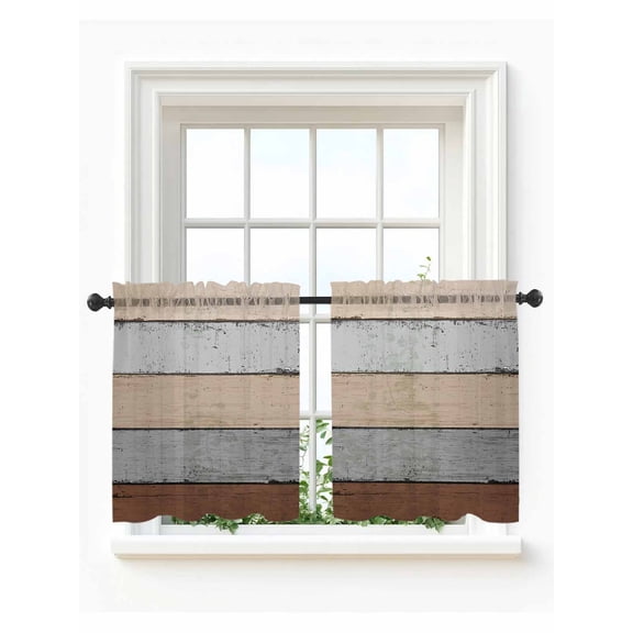 Brown Wooden Tier Curtains 36 Inch Length,Sheer Curtains for Bedroom Living Room Window Grey Stripe Gradient Country Rustic Grain Small Half Window Kitchen Curtains & Drapes 27.5"x36" 2 Panels