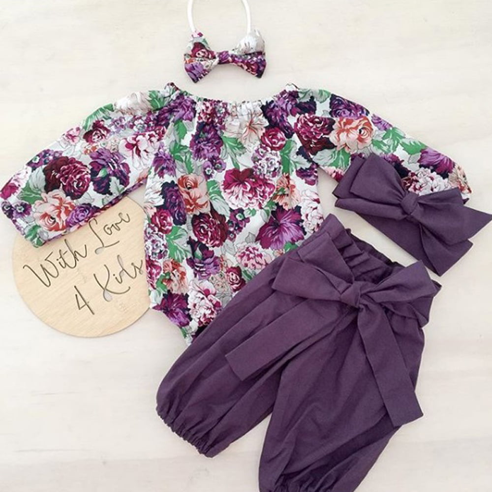 Kionio Baby Girl Clothes Outfits Ruffle Long Sleeve Shirt Tops Bodysuit Romper Floral Pants Headband 3PCS Infant Girls Sets