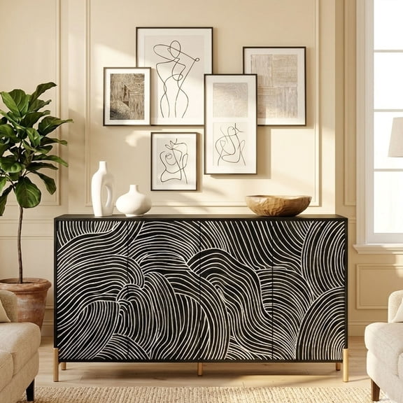 LFGUIZO 59" Black 4 Door 2 Rack,Modern Wave Texture, Storage Buffet Sideboard Cabinet with Adjustable Shelves, Dining Room, Living Room,Kitchen
