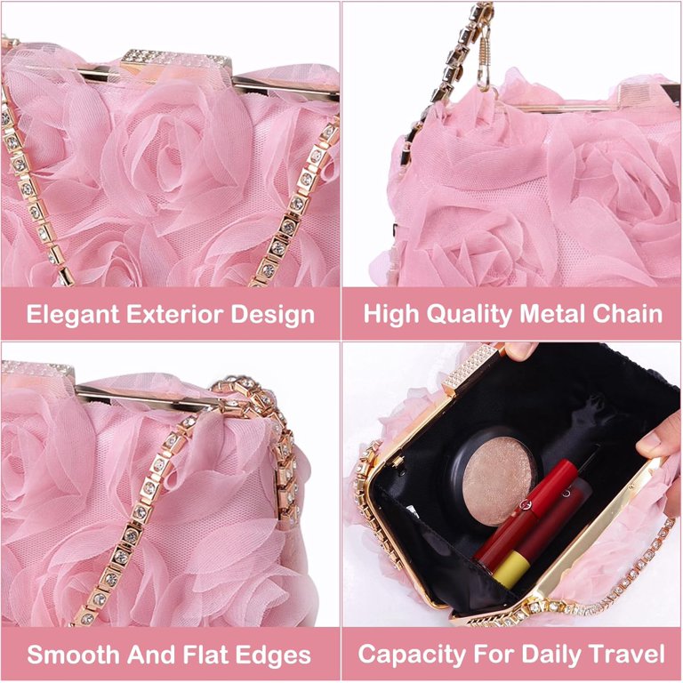 Rose Straw Crossbody Chain Evening Clutch Bag for Women Women Rose Clutch, Evening Bag with Chain, Floral Purse for  main image 4