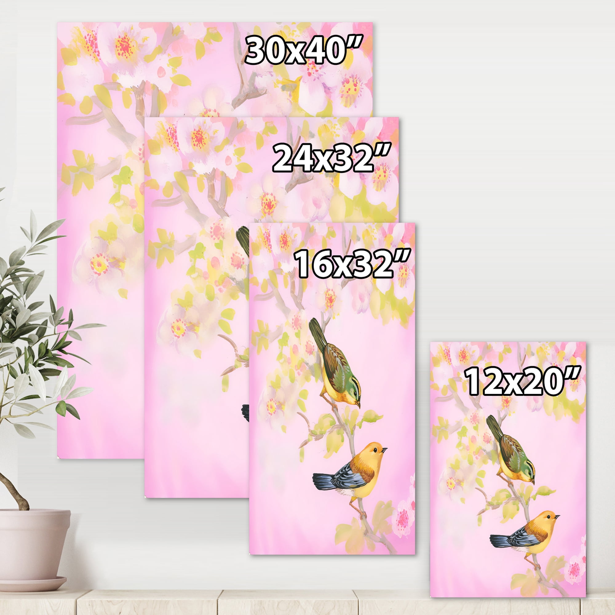 Beautiful Bright Birds Sitting On Branch 12 in x 8 in Painting Canvas Art Print, by Designart