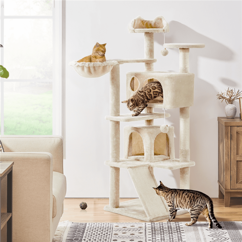 Alden Design 57.5" Double Condo Cat Tree with Scratching Post Tower, Beige