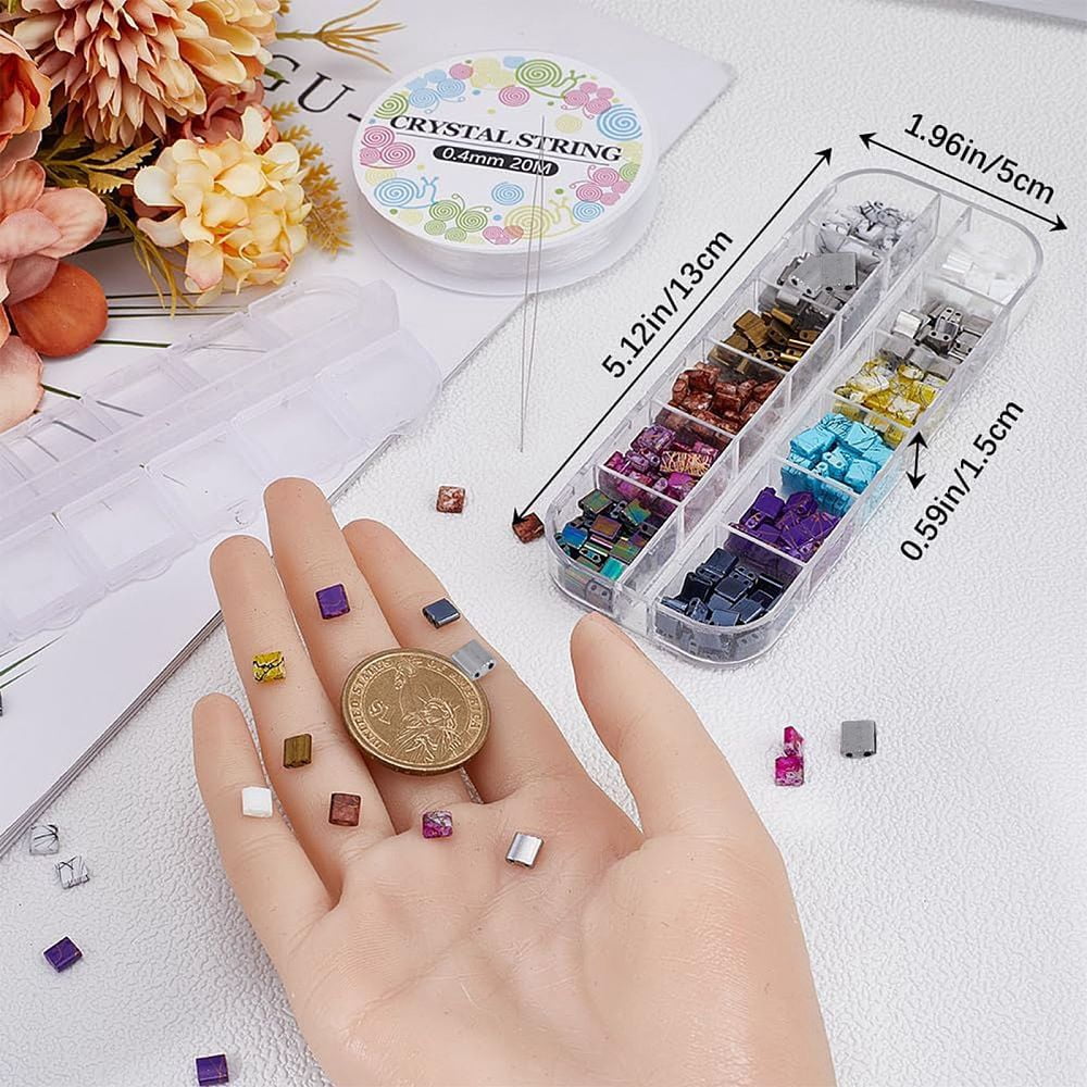 DIY Tile Bracelet Making Kit Including 2-Hole Rectangle Glass Beads Big Eye Beading Needles Elastic Thread Mixed Color Beads: 5x4.5~5.5x2~2.5mm