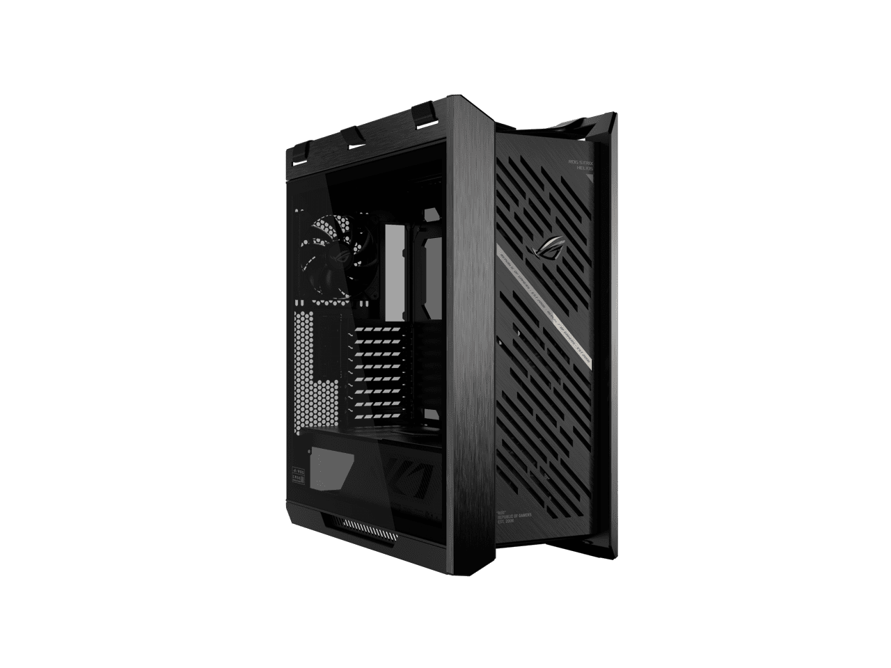 The ASUS ROG Strix Helios II is an EATX mid-tower gaming PC case featuring dual tempered glass panels and an aluminum diamond-grille design, four pre-installed fans for advanced cooling, and support
