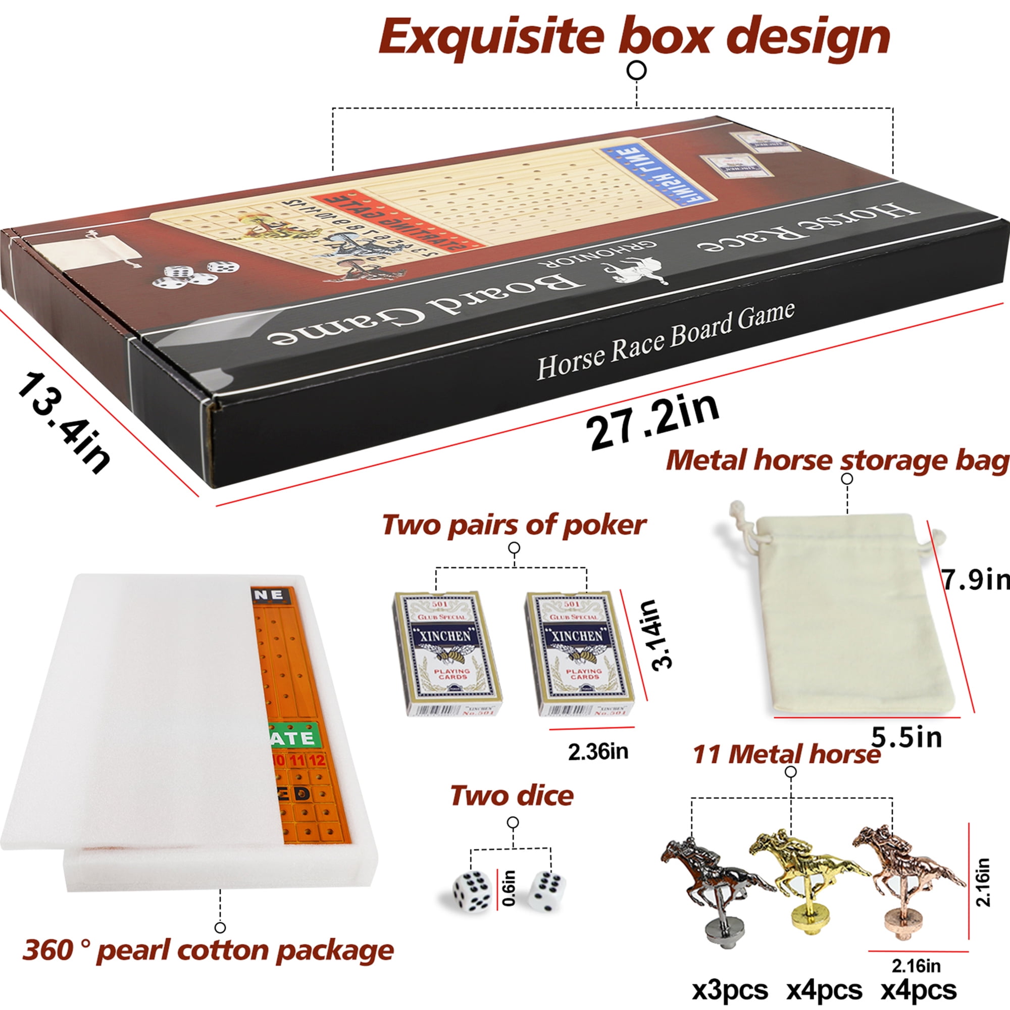 HOROW Horse Race Board Game, 11 Metal Horses, 4 Dice, 2 Poker Sets, 21x11.8x0.8 Inches