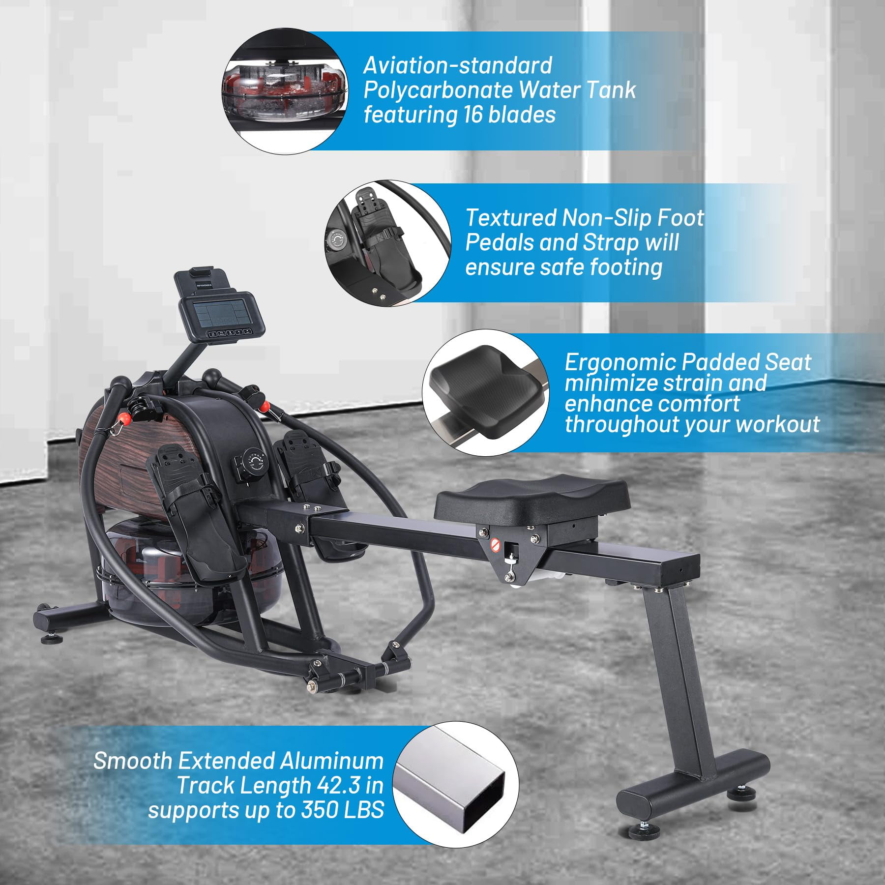 Danolapsi Dual Magnetic & Water Resistance Rowing Machine w Extended Slide,Compact Rowing Machine,Full-Body Workout,Low-Impact,Ergonomic Full Motion or Premium Water Motion,Max 350lb Weight Capacity