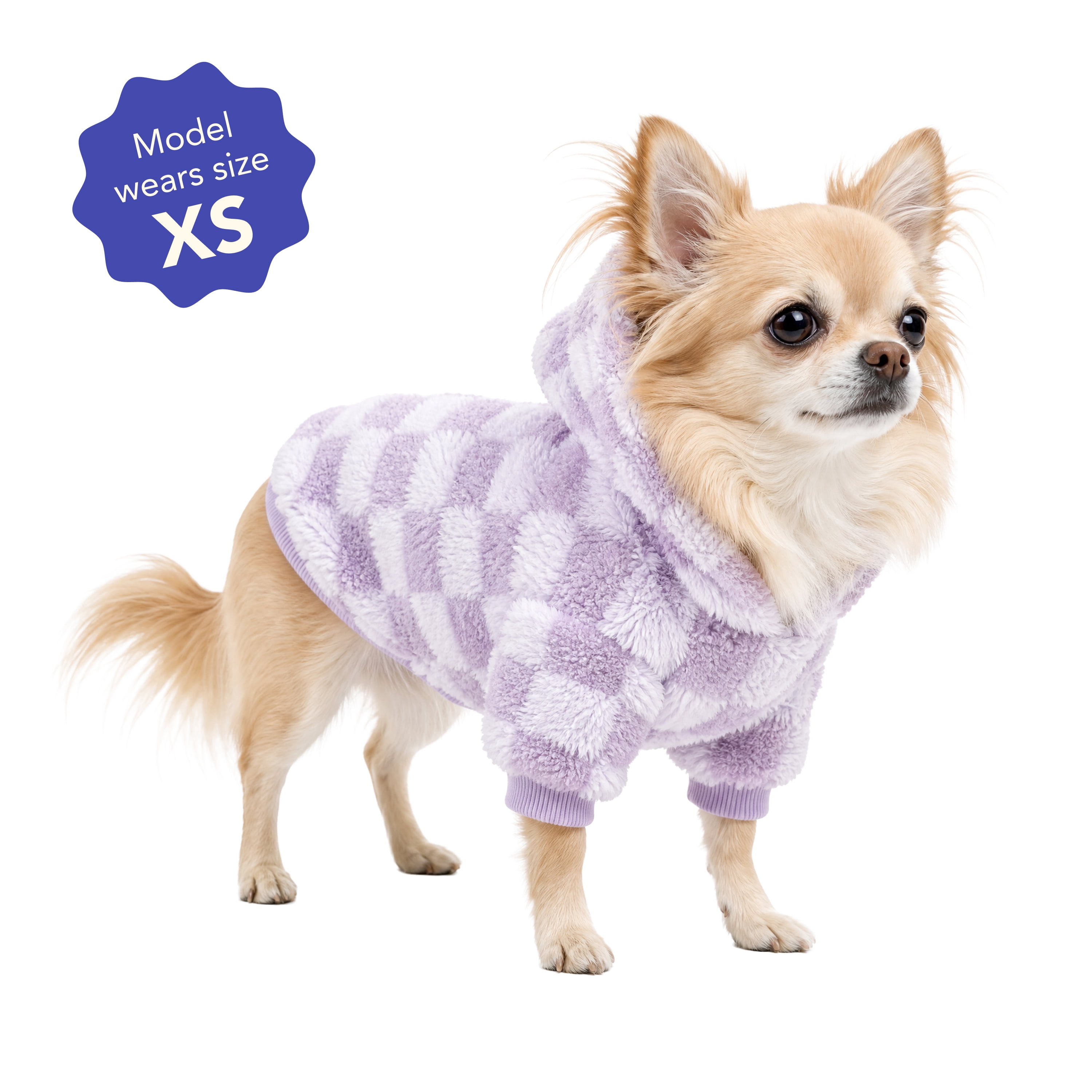 Oodles Checkerboard Fall Sherpa Dog Hoodie, Purple, XS