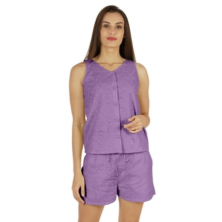 

Bimba Solid Schiffli Top & Short Nightwear Set For Womens Casual 2 pcs Sexy Lounge Sleepwear Set