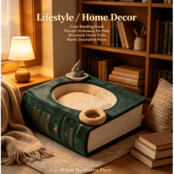 BookNest Shaped Pet Bed Cozy Storybook Sleep Nest, Ultra‑Soft Plush Cushion Pet Nest, Decorative Novelty Book‑Shape Bed for Kittens and Small Breed Puppies (D)