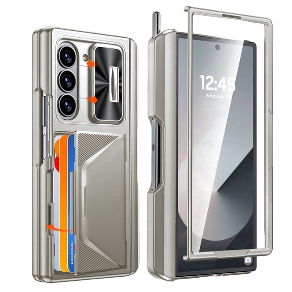 Vizvera for Samsung Galaxy Z Fold 6 Phone Case,with RFID Cards Holder,S Pen Holder,Camera Cover, Shockproof Silicone Protective Case-Titanium