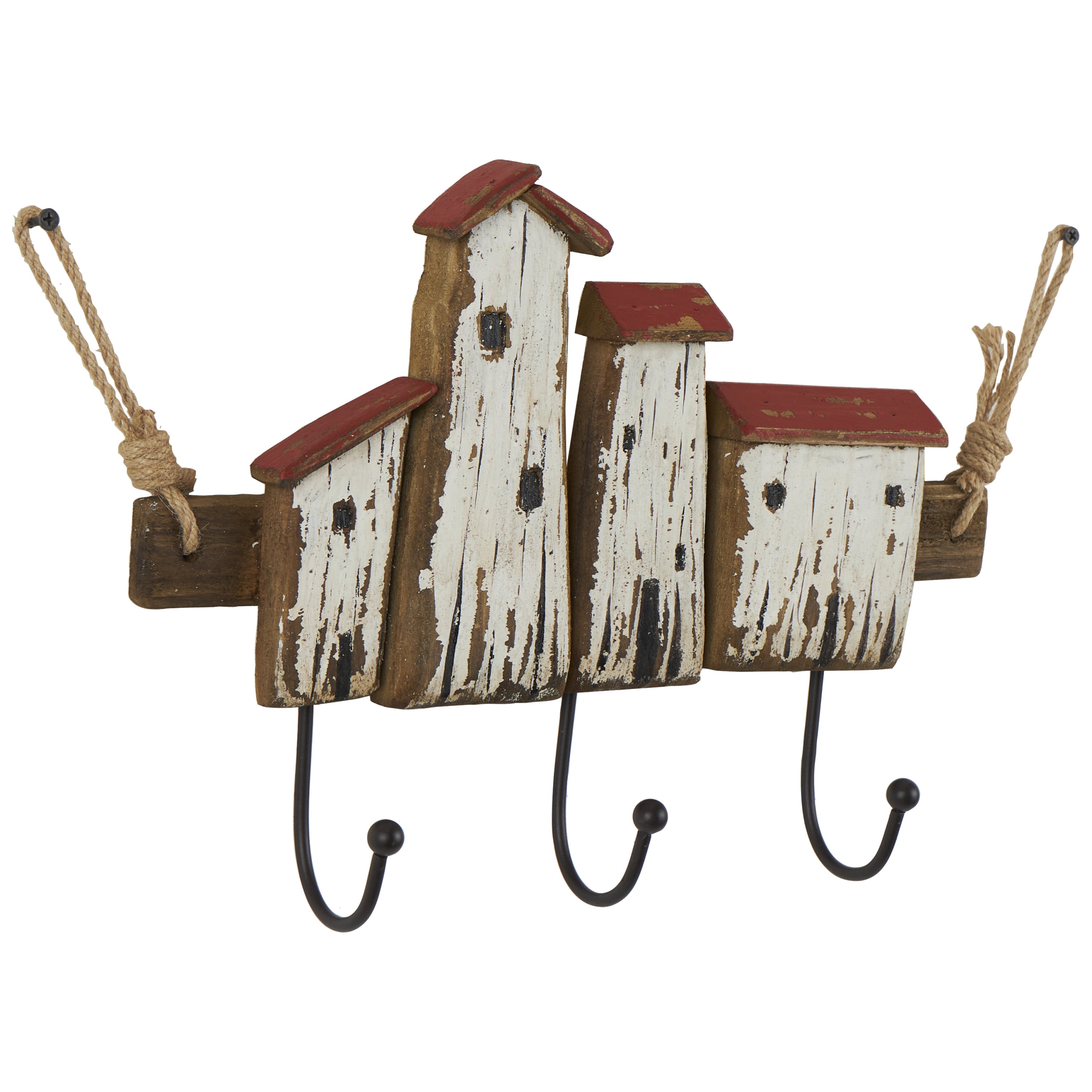 DecMode 16" x 11" Cream Wood Handmade Distressed House 3 Hanger Wall Hook with Red Roof Accents and Hanging Rope, 1-Piece