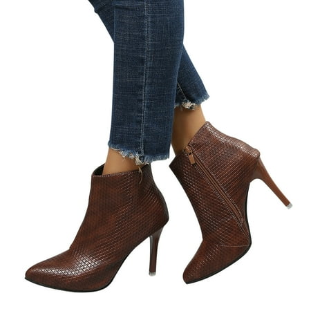 

VKEKIEO Short Boots Peak Toe High Heel Heels Ornamental Zipper Slip-On Brown Fall Boots