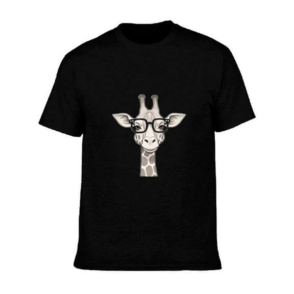 Men's Cotton Short Sleeve T-Shirt - Black Tee with Cheerful Cartoon Giraffe in Glasses Design - Fun and Stylish Graphic Top