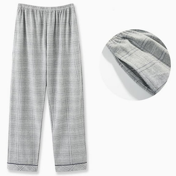 SYMOID Pajamas Mens Gray 100% Cotton Plaid Sleep Pants - Soft Breathable Straight-Leg Loungewear with Elastic Waist, Sizes M to XXXXL,Size M