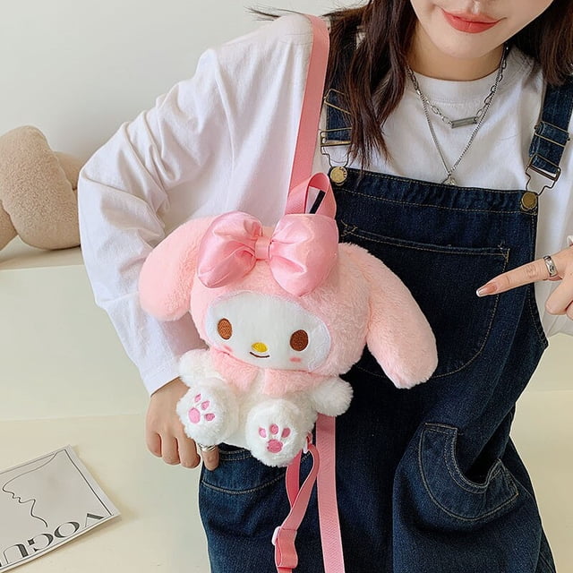 Mochila Kawaii Sanrios de felpa con dibujos animados para niños, morral de hombro de Anime, Melody Kuromi Cinnamoroll, juguete de peluche, regalo para muñecas