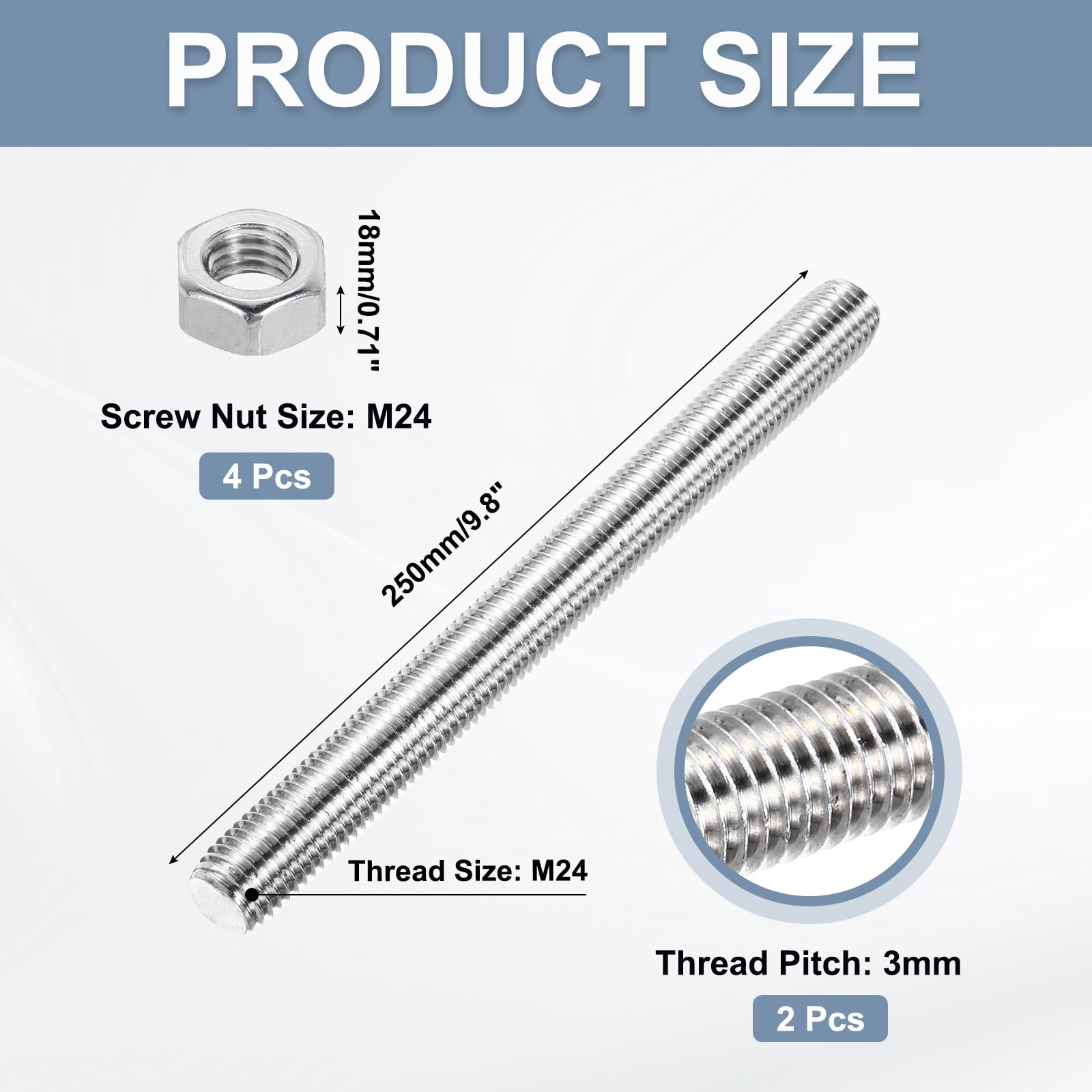 Uxcell Fully Threaded Rod M24 x 250 3mm Pitch 304 Stainless Steel With Screw Nuts 2Pcs