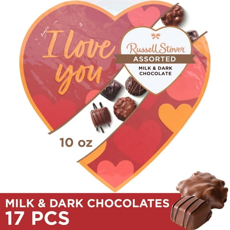 Russell Stover Valentine's Day "I LOVE YOU" Heart Assorted Milk & Dark Chocolate Candy Gift Box, 10 oz.
