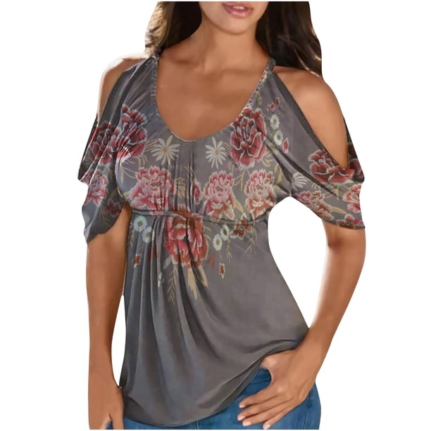 Mujeres moda verano casual o-cuello estampado manga corta Hoollow Out Tops Fridja bn2461