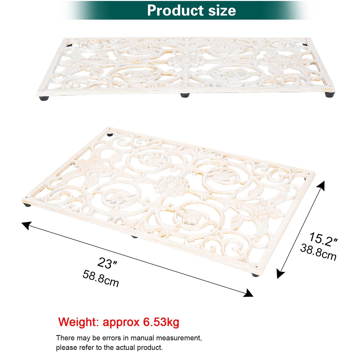 Sungmor Decorative Cast Iron Doormat, Heavy Duty Outdoor Entry Mat with Vintage Scroll Design, Weatherproof Non-Slip Metal Welcome Mat for Front Porch, Patio, Garden Entrance, Antique White Finish