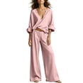 thumbnail image 2 of LEKWK Vacation Outfits for Women Elegant V Neck Long Sleeve Oversized Top and Wide Leg Pants Linen Matching Set Casual Travel Beach Loungewear, 2 of 6