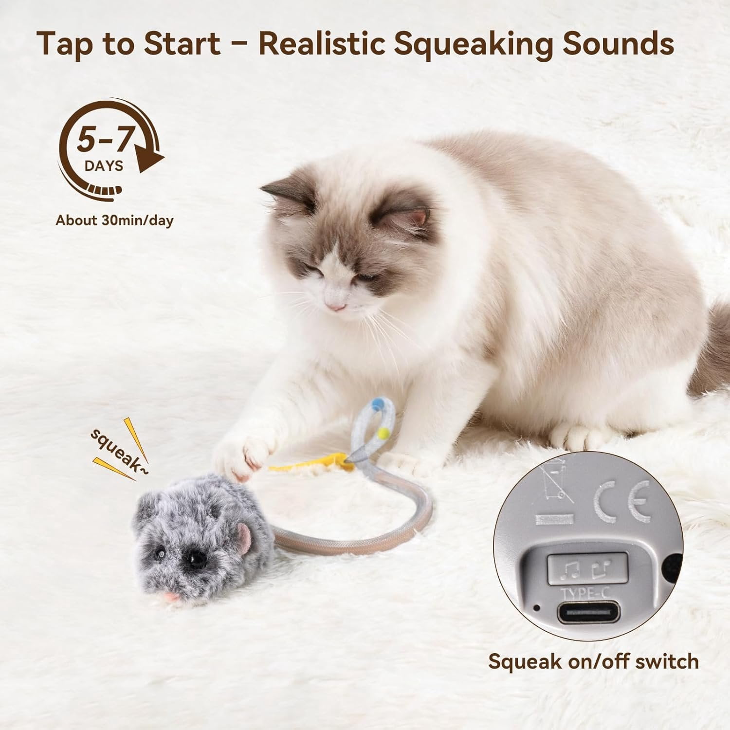 Interactive MigiMouse   360? Rolling & Spin with Wiggling Tail for Indoor Cats  Motion Sensor, Realistic Squeak, Rechargeable Plush Kitten (Grey Long)